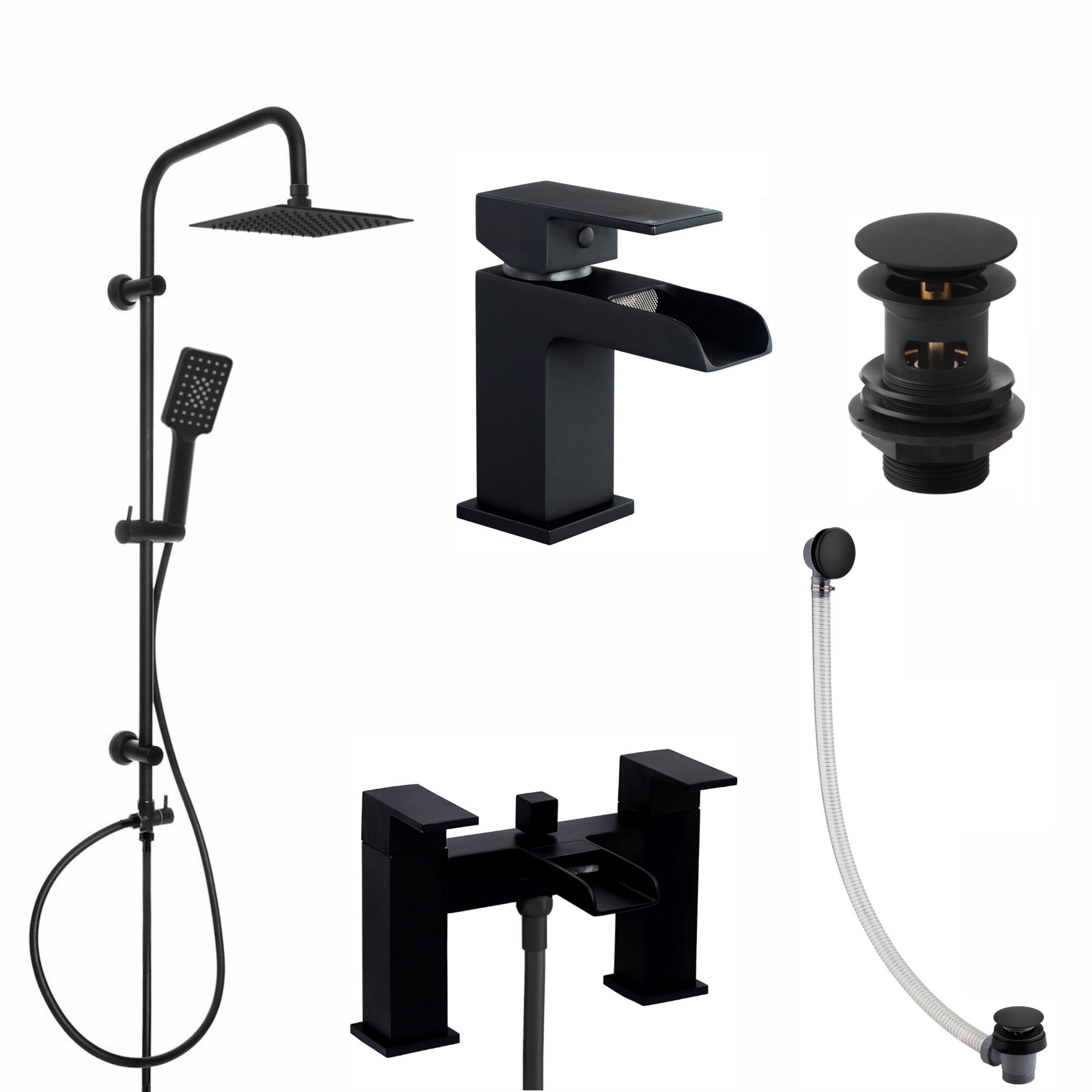 Plaza bundle incl. bath shower mixer tap with dual riser rail, basin mixer, bath and basin wastes - matte black